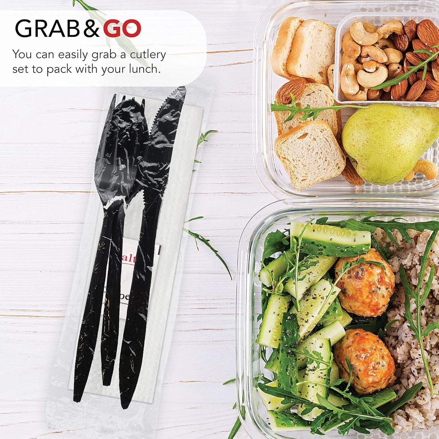 Party Essentials Individually Wrapped Plastic Cutlery Packets/Silverware Kits, Black Fork/Spoon/Knife/Napkin/Salt/Pepper, 50 Sets