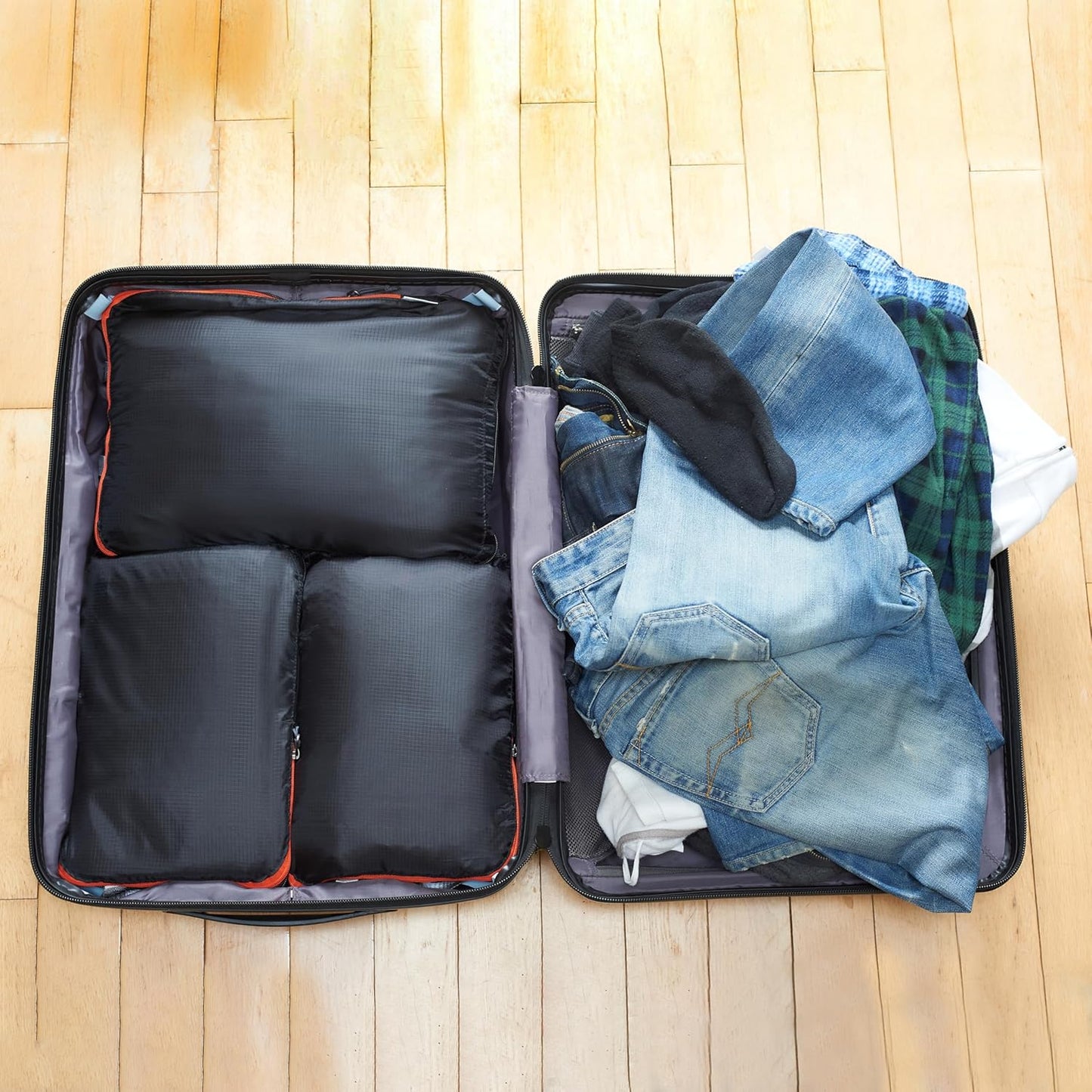 OW-Travel Compression Suitcase Organizer, Easy Organization, Travel Compression Cubes, 2 Medium and 1 Large for Backpack, Travel Accessories, Essential Holiday Gifts, 3 Pcs Black