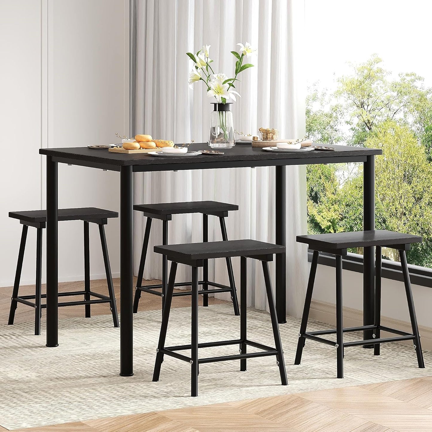 VECELO Kitchen Table and Chairs for 4, Dining Room Set with Chairs/Stools, Heavy-Duty Metal Frame with Wooden Tabletop for Small Spaces, Easy Assembly, Classic Black