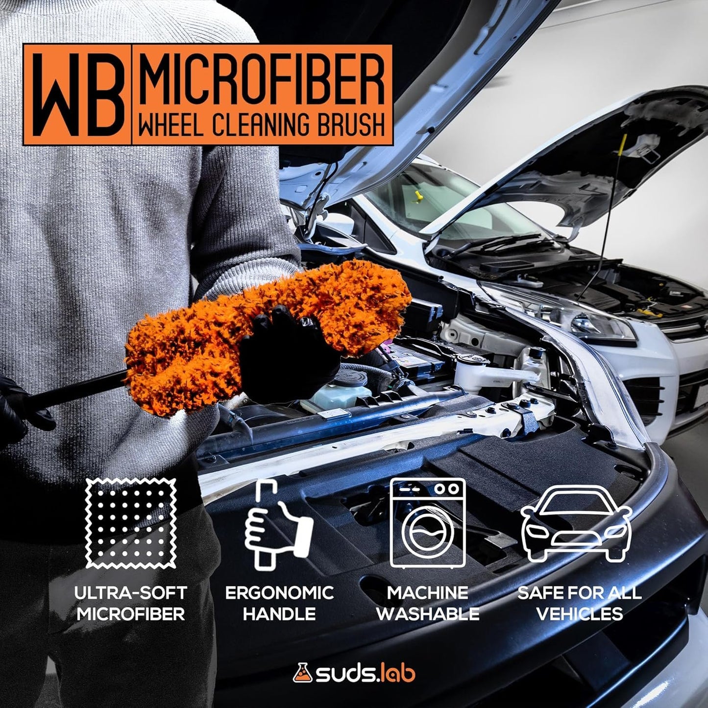 Suds Lab WB Premium Microfiber Wheel Cleaning Brush, Ultra-Soft Scratch-Free Car Detailing Tool for Rims, Tires, and Wheels, Ergonomic Handle, Machine Washable, Safe for All Vehicle Types, Reusable