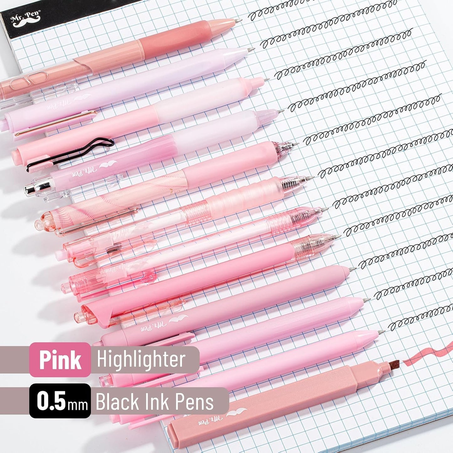 Mr. Pen- Gel Ink Pink Pen Set, 12 Pack, 1 x Aesthetic Highlighter, 0.5mm Cute Pink Pens Black Ink with Pastel Barrels