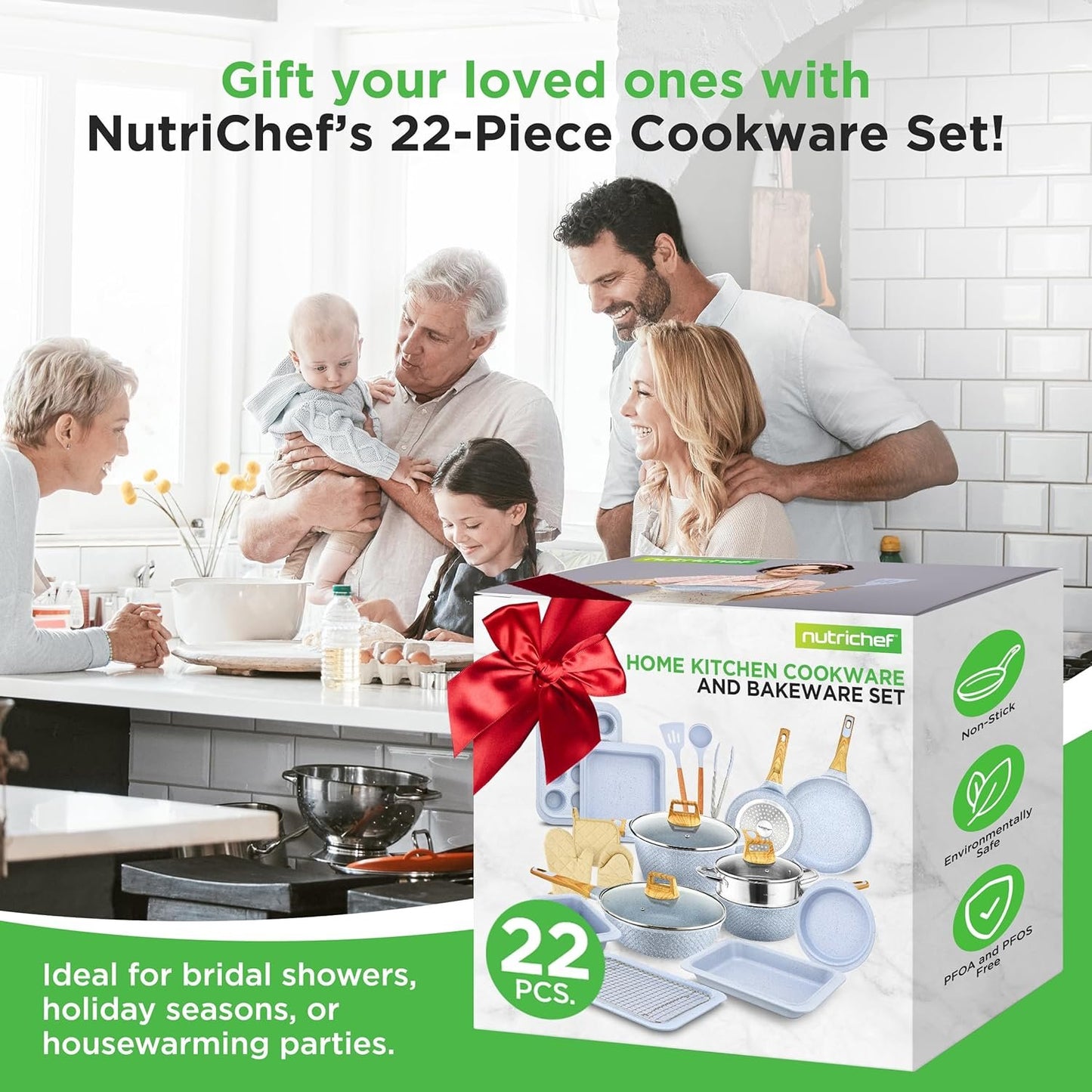 Nutrichef 22-Piece Induction Cookware and Bakeware Set Professional Home Kitchen Collection with Multi-Sized Pots, Pans, Non Stick and Heat-Resistant Tools (Moon Grey Marble)