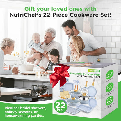 Nutrichef 22-Piece Induction Cookware and Bakeware Set Professional Home Kitchen Collection with Multi-Sized Pots, Pans, Non Stick and Heat-Resistant Tools (Moon Grey Marble)
