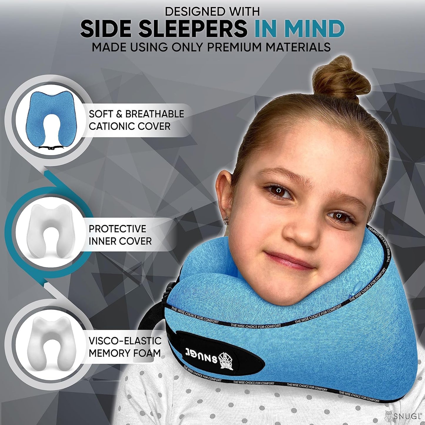 SNUGL Travel Pillow for Kids - Memory Foam Kids Neck Pillows for Travel | Neck Rest Children Travel Pillows for Airplanes | Kids Travel Pillow with Carry Bag & Clip | Kids Flight Travel Essentials