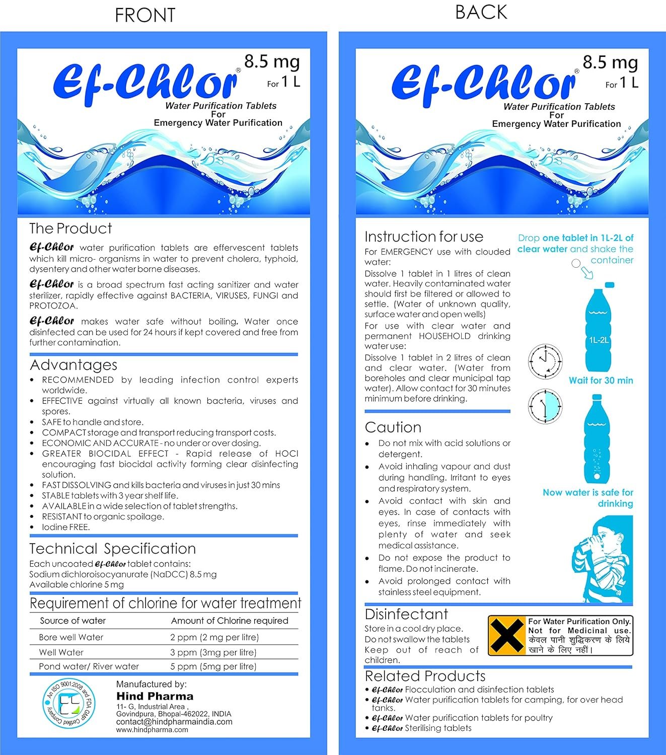 Ef-Chlor 8.5 mg Water Purification Tablets â€“ Treats 1â€“2 litres per Tablet | Essential for Travel, Camping, Hiking & Emergency Kits | Pack of 100 Tablets