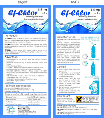 Ef-Chlor 8.5 mg Water Purification Tablets â€“ Treats 1â€“2 litres per Tablet | Essential for Travel, Camping, Hiking & Emergency Kits | Pack of 100 Tablets