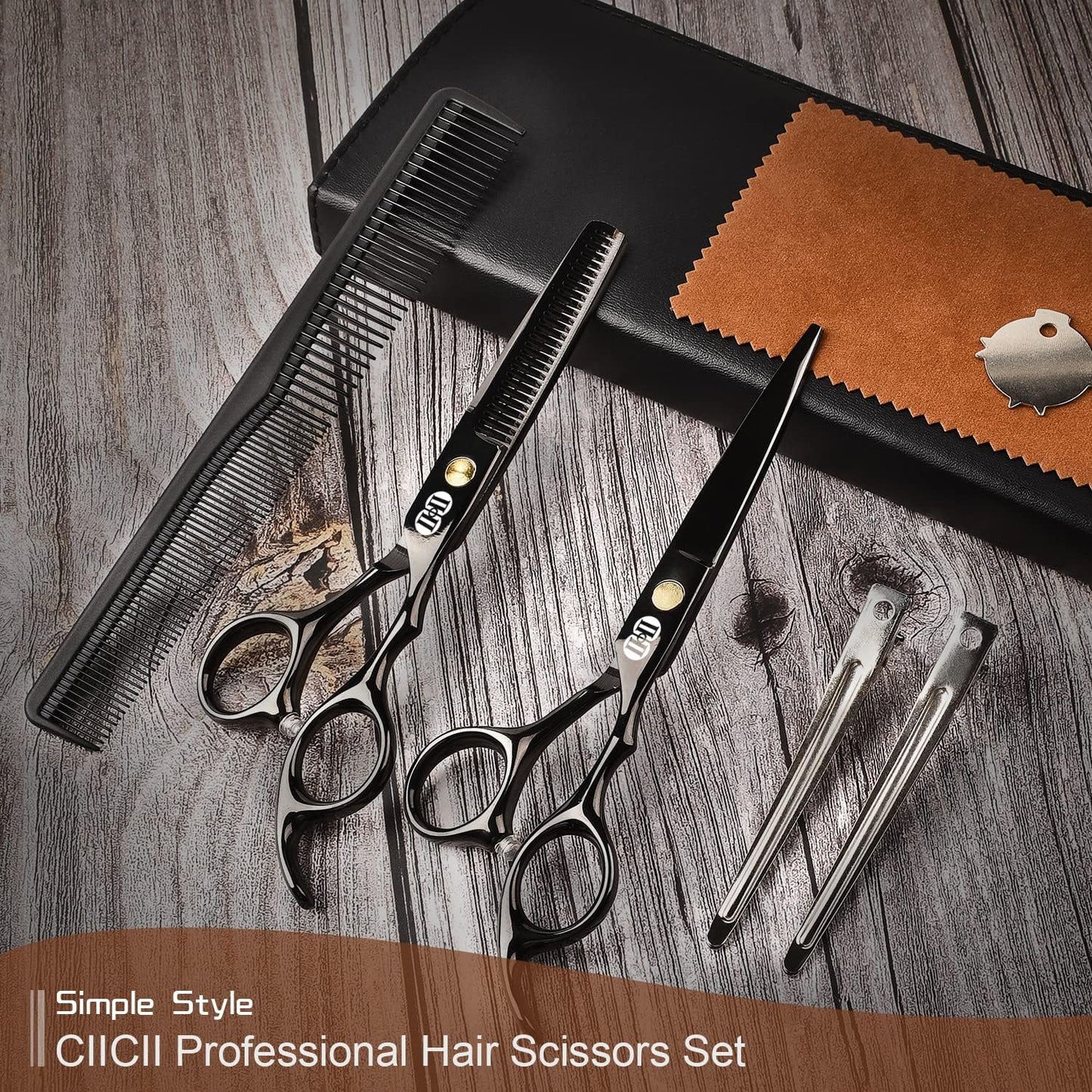 CIICII Professional Hairdressing Scissors, 8 Pieces Hair Scissors Kit (6.7 Inches/Black) & Thinning Scissors & Hair Comb for DIY Hair/Home/Barber