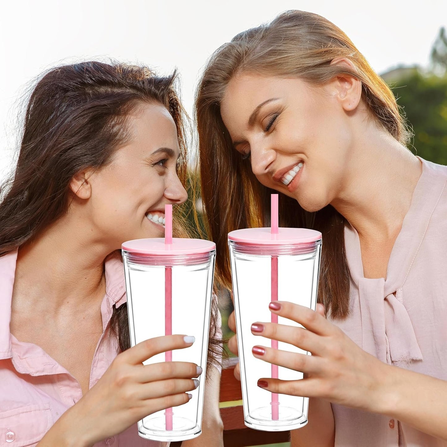 Alohastarttg 24oz Tumbler with Lid and Straw, Leak Proof and Double Wall Insulated Reusable Plastic Cups,Travel Reusable Iced Coffee Cup,BPA-Free,Fits in Cupholders (2, Pink)