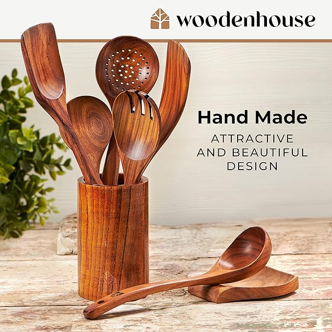 Wooden Utensil Set, Wooden Spoons for Cooking, Wooden Cooking Utensils Set with Holder, Spoon Rest & Hooks, Teak Wood Nonstick Kitchen Cookware – 8 Piece set of wooden utensils with 6 Metal Hooks