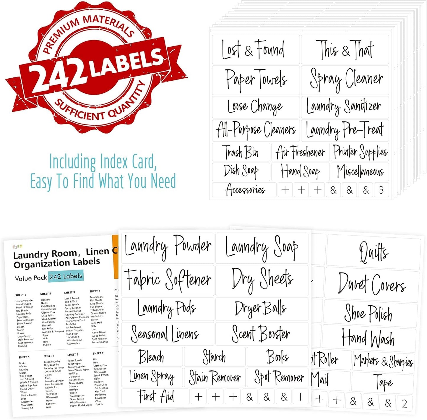 Hebayy 242 pcs Laundry Room, Linen Closet & Office Labels, 220 Pre-Printed Waterproof Oil&Tear Resistant Removable Stickers, 22 Blank Ones, No Residue for Home Office Craft Room Organization