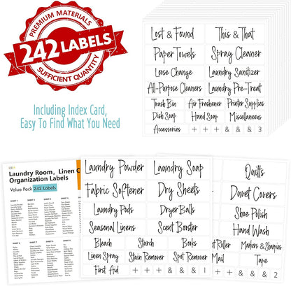 Hebayy 242 pcs Laundry Room, Linen Closet & Office Labels, 220 Pre-Printed Waterproof Oil&Tear Resistant Removable Stickers, 22 Blank Ones, No Residue for Home Office Craft Room Organization