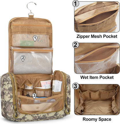 Prokva Tactical Toiletry Travel Bag for Men, Hanging Dopp Kit Hygiene Bag Shower Organizer with Hook for Toiletries and Shaving Care (Empty Bag), Desert Yellow