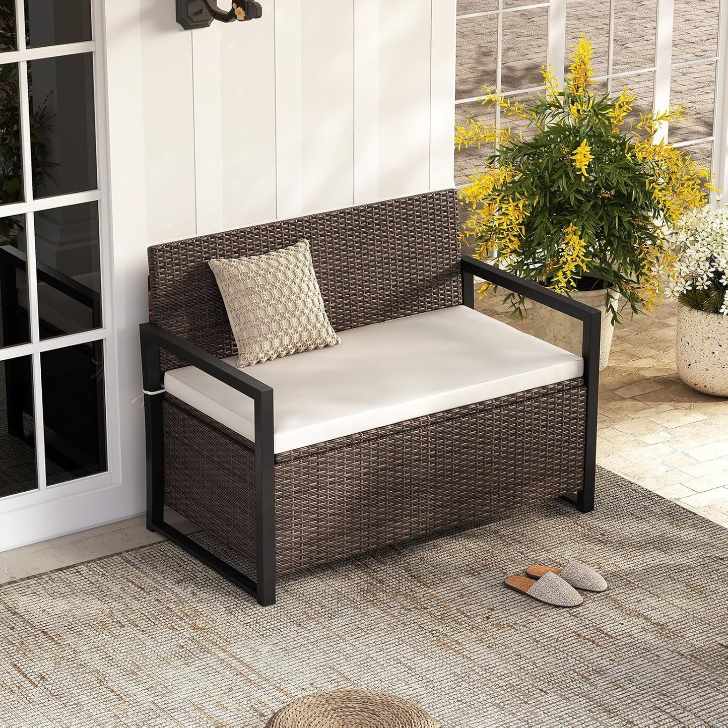 Tangkula 40 Gallon Outdoor Bench with Storage, Patio Wicker Storage Bench with Cushion, Cover, Metal Frame, Deck Box Seat for Backyard, Poolside, Balcony, Garden (Brown)