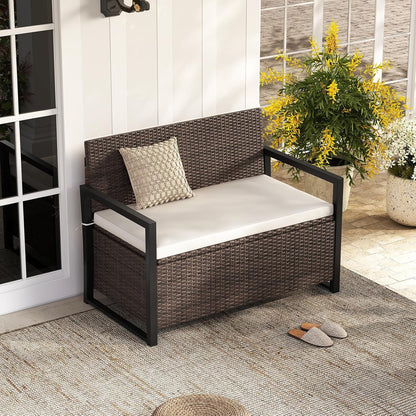 Tangkula 40 Gallon Outdoor Bench with Storage, Patio Wicker Storage Bench with Cushion, Cover, Metal Frame, Deck Box Seat for Backyard, Poolside, Balcony, Garden (Brown)