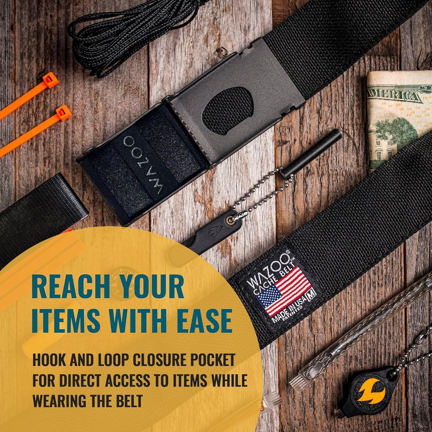 WAZOO Survival Gear Cache Belt, Anti-Theft Everyday Carry Belt for Travel and Outdoors - TSA Compliant, Stainless-Steel Buckle with Bottle Opener & Hidden Sleeve, Made in USA (Wolf Grey, Large)
