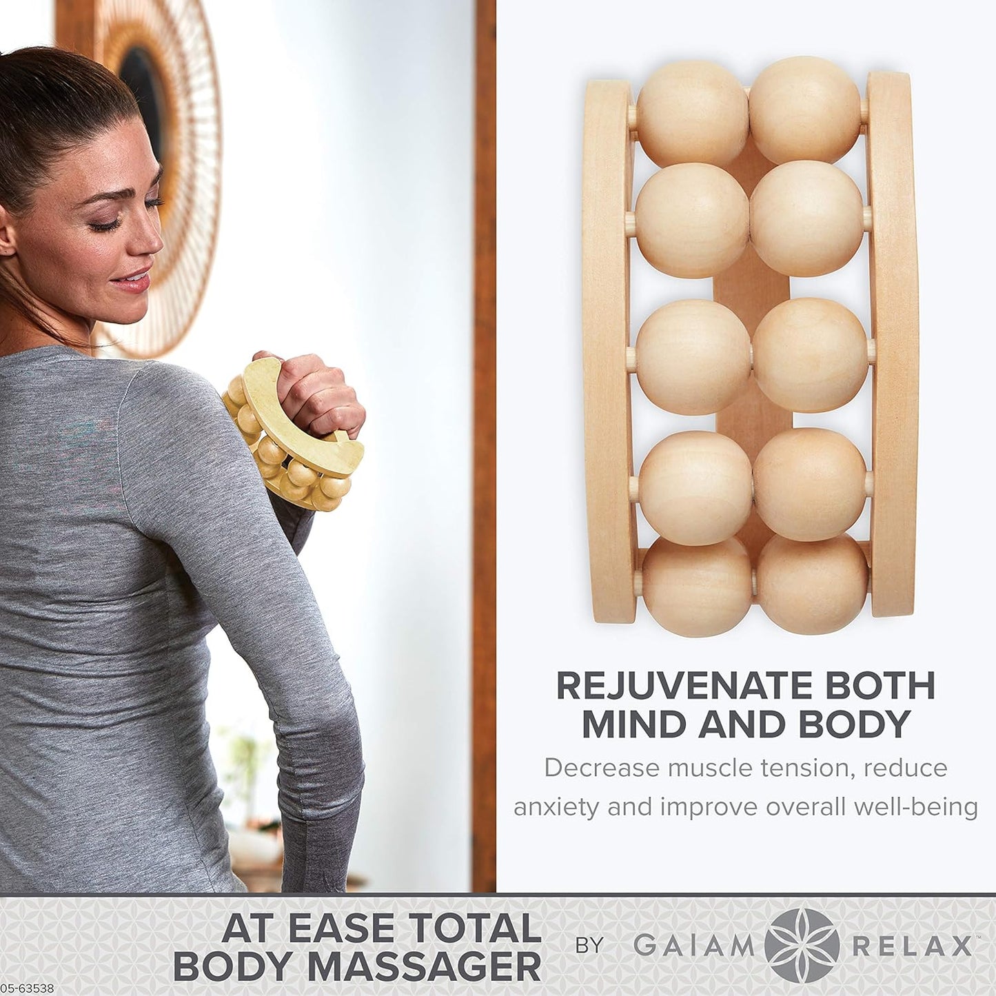 Gaiam Relax Massage Ball Roller - Handheld Wooden Total Body Massager for Back, Neck, Foot, Calf, Leg, Arm | Deep Tissue Massager Relief for Sore Muscles