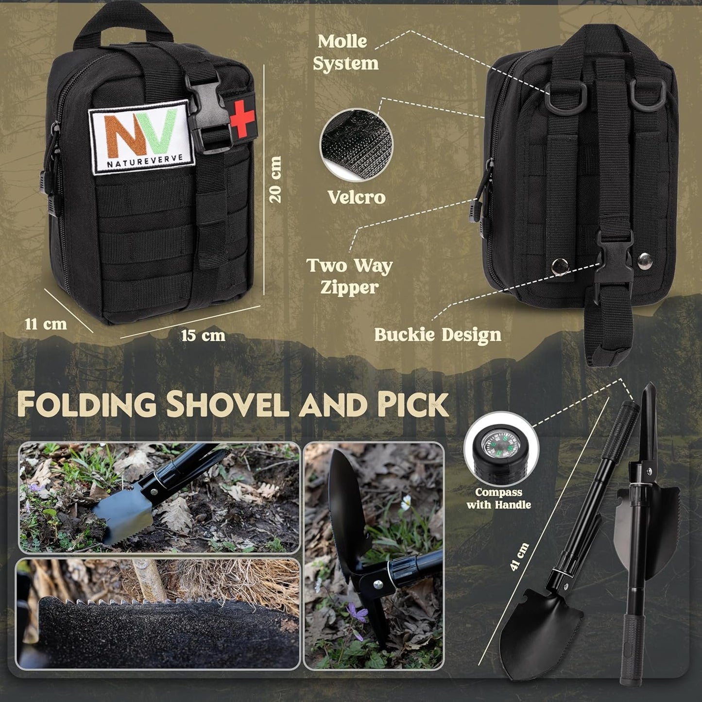 NATUREVERVE Survival Kit and First Aid Kit,142pcs Camping Gear and Survival Tools, Emergency First Aid Supplies with Molle Compatible Multi Tool Emergency Blanket, Axe Shovel, Gifts for Men and Women