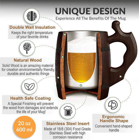 Handmade Oak Wood Beer Mug Stainless Steel Mug Natural and Eco-Friendly 0.6L 20oz Barrel Brown