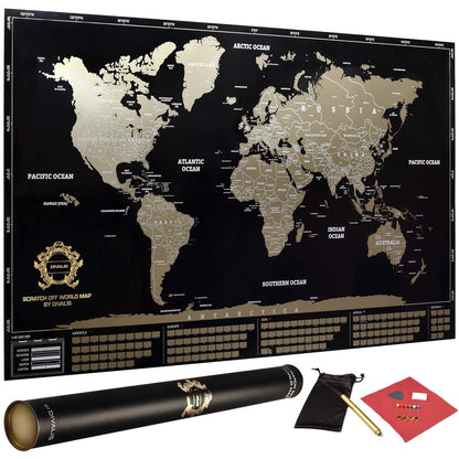 Detailed Scratch off World Map Poster - XL - Black and Gold Scratchable World Map - Glossy, Laminated Travel Poster - Full Accessories Kit - Best Gift Scratch off Map of the World By Divalis