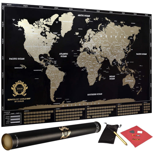 Detailed Scratch off World Map Poster - XL - Black and Gold Scratchable World Map - Glossy, Laminated Travel Poster - Full Accessories Kit - Best Gift Scratch off Map of the World By Divalis