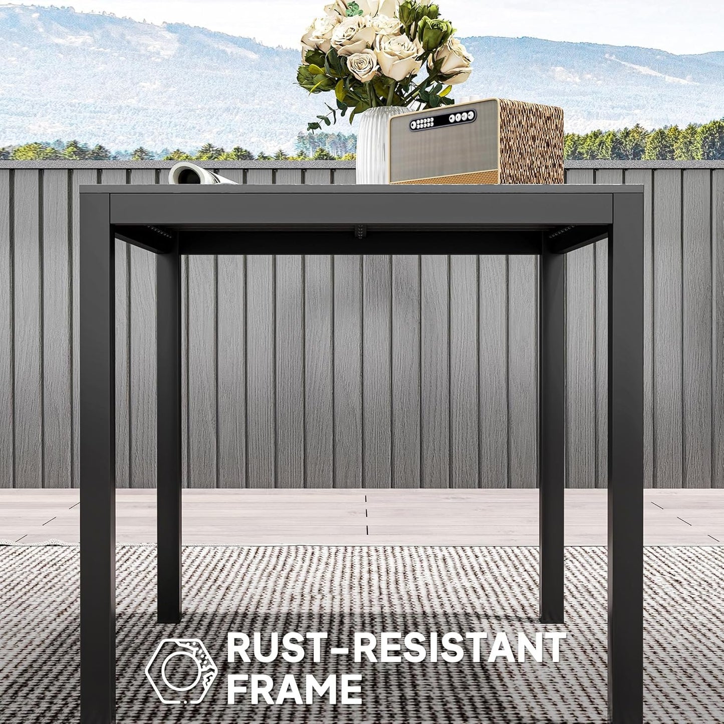 Outsunny 29" Aluminum Outdoor Dining Table for 4, Patio Table with Wood Grain Table Top, for Garden, Lawn, Balcony, Deck, Black