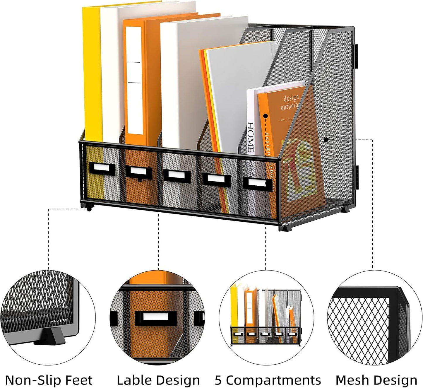 DALTACK Desk Organizers Metal Desk Magazine File Holder with 5 Vertical Compartments Folder Storage for Office Home School Organization, Black