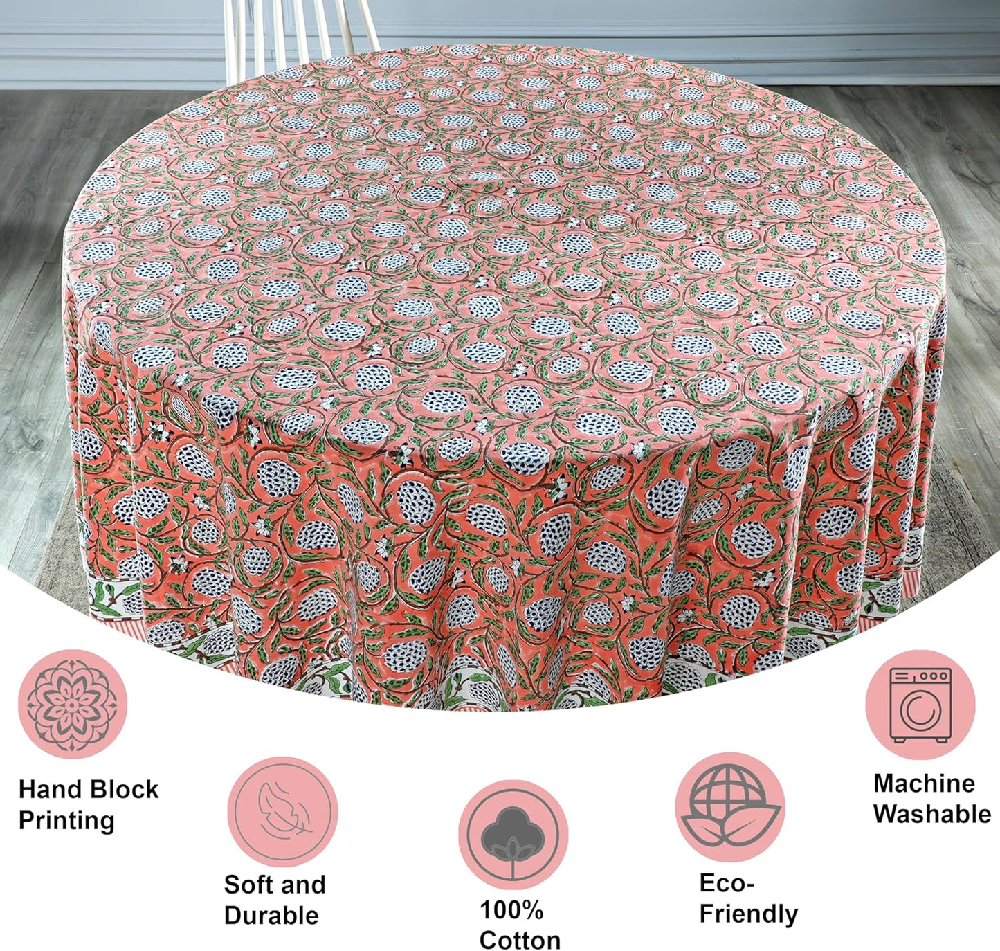 Ridhi 100% Cotton Tablecloth for Kitchen Dining Tabletop Decoration Picnic Events Parties Weddings Block Print Round Tablecloths (Dark Salmon Pink, 4 Seater 60 INCH Round)