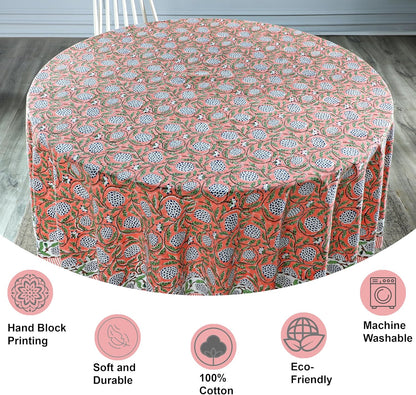 Ridhi 100% Cotton Tablecloth for Kitchen Dining Tabletop Decoration Picnic Events Parties Weddings Block Print Round Tablecloths (Dark Salmon Pink, 4 Seater 60 INCH Round)
