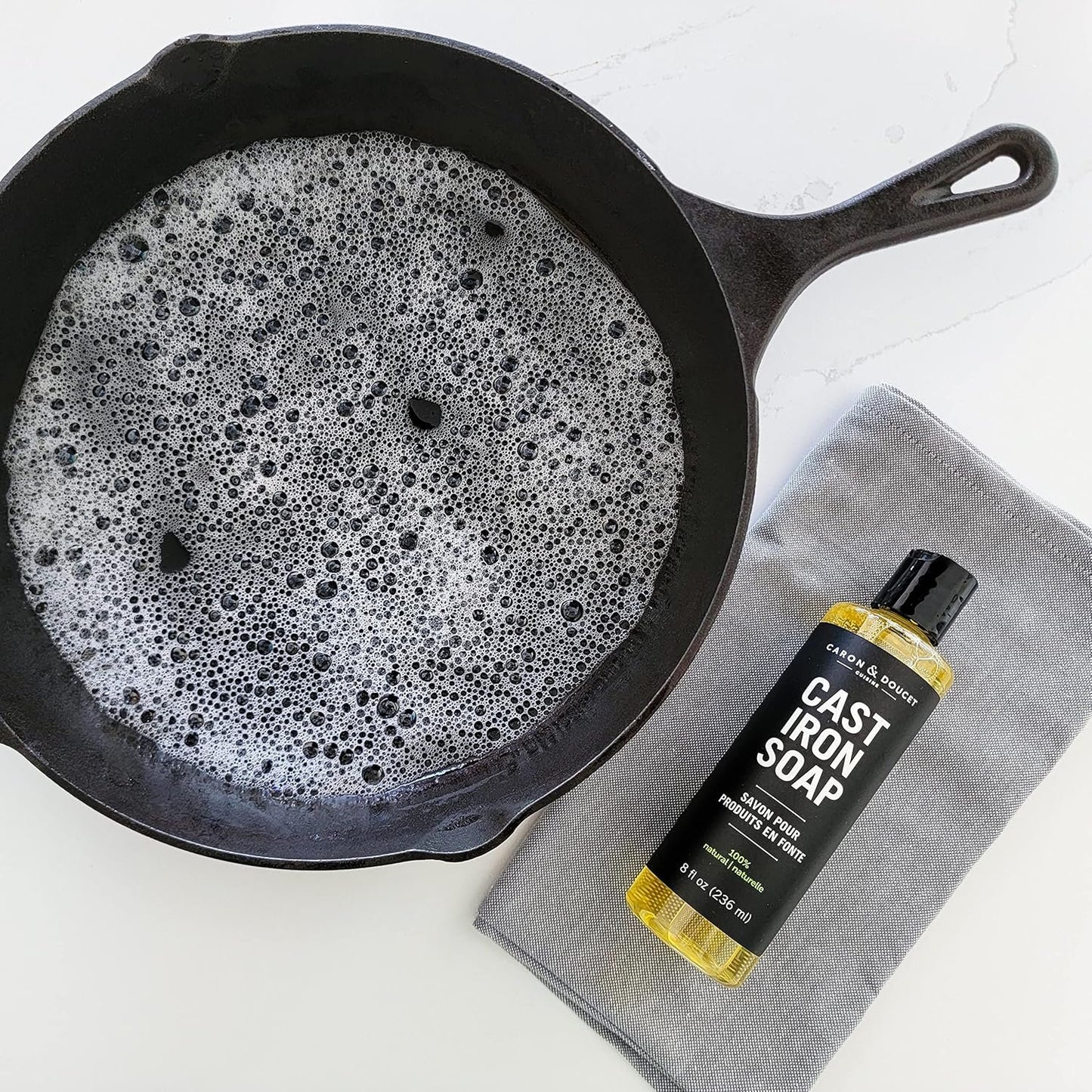 Caron & Doucet - Cast Iron Cleaning & Conditioning Set: Seasoning Oil & Cleaning Soap | 100% Plant-Based | Best for Cleaning, Washing, Restoring & Seasoning Cast Iron Skillets, Pans & Grills! 8oz Each