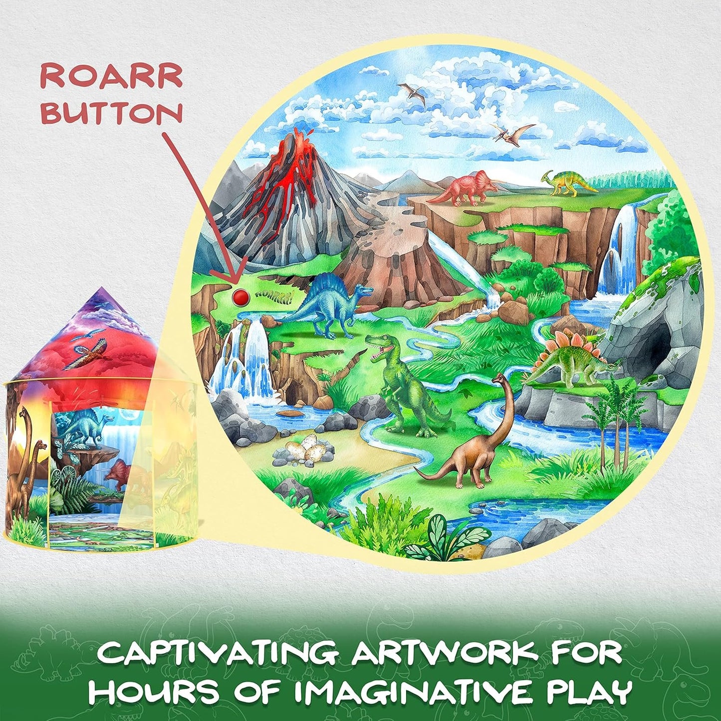 W&O Dinosaur Discovery Play Tent with Roar Button - Extraordinary Pop Up Tent for Boys & Girls - Perfect for Indoor & Outdoor Adventures