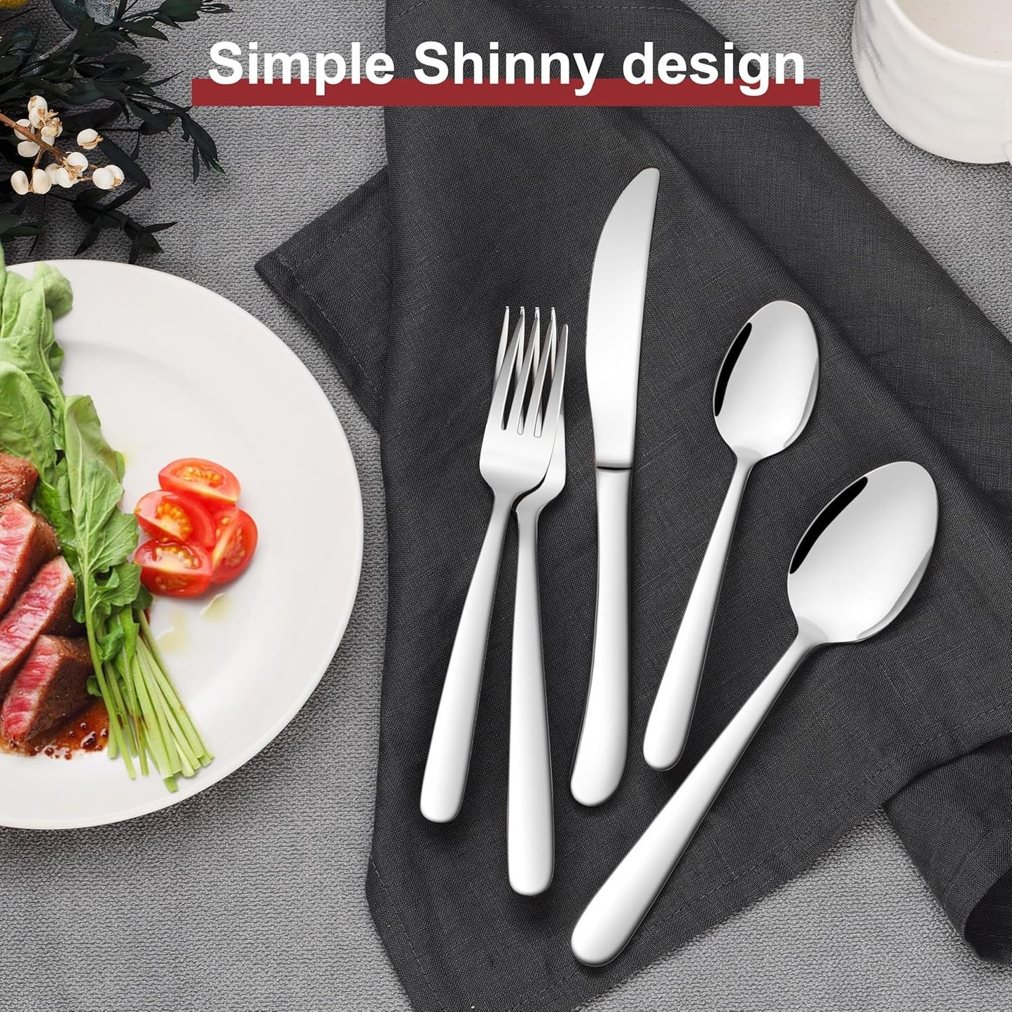 E-far Heavy Duty Silverware Set for 8, 40-Piece Stainless Steel Flatware Cutlery Set, Heavy Weight Metal Eating Utensils Sets for Home Restaurant Weddings, Mirror Polished & Dishwasher Safe