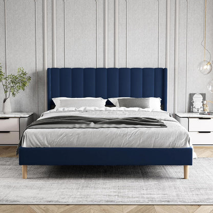 Zoophyter Upholstered Platform Bed Frame Queen Size with Headboard Mattress Foundation Strong Wooden Slats Support Easy Assembly No Box Spring Needed Blue Velvet