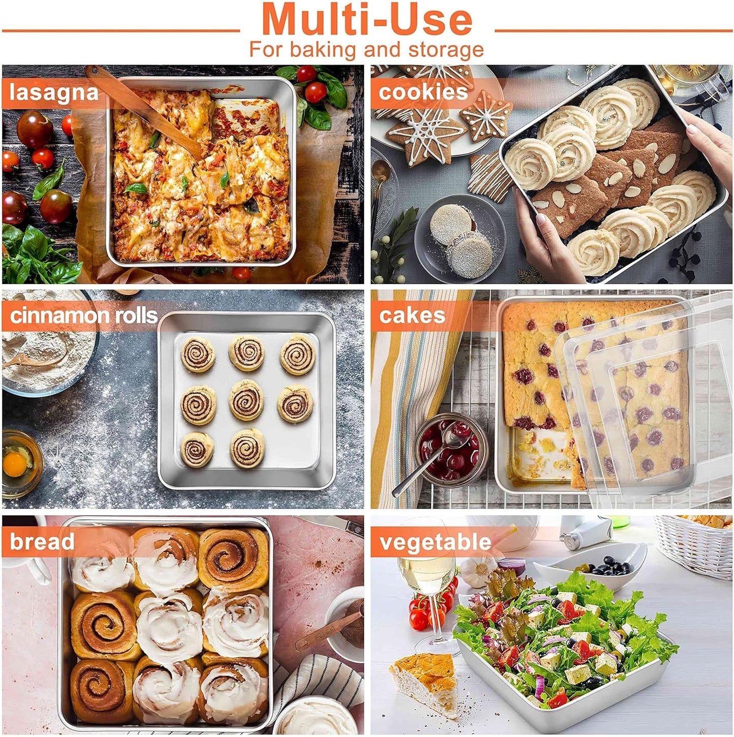 Herogo 8”x 8” Square Cake Pan, Stainless Steel Square Baking Pan with Lid, Cakes Brownie Lasagna Bakeware Set of 2, Healthy & Dishwasher Safe