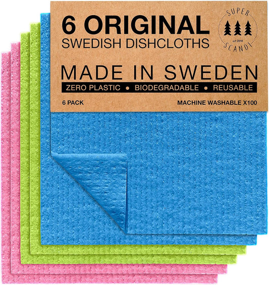 SUPERSCANDI 6 Pack Swedish Dish Cloths for Kitchen - 100% Biodegradable & Compostable | Washable Kitchen Cloths, Food-Safe & Without Plastic - Reusable Paper Towel for Any Surface | Assorted Colors