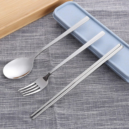Sunwinc 3 Pcs Camping Silverware,Stainless Steel Travel Outdoor Flatware Set Chopsticks Spoon Fork/Portable Travel Work Utensils Cutlery Set with a Wheat Straw Case
