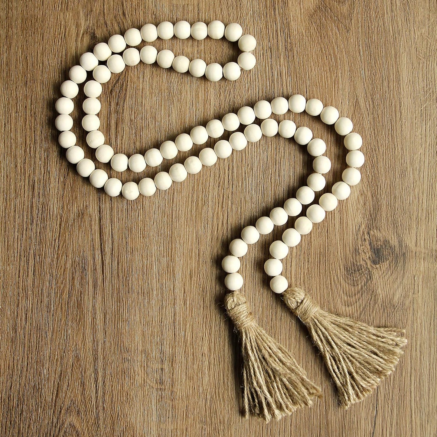58in Wood Bead Garland with Tassels, Farmhouse Rustic Country Decor Prayer Boho Wall Hanging Decoration (Nature)