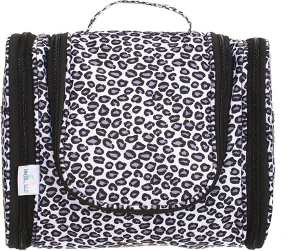 DMJSL Womens Hanging Toiletry Bag - Travel Makeup Organizer and Cosmetic Case, TSA Approved, Black Leopard Print