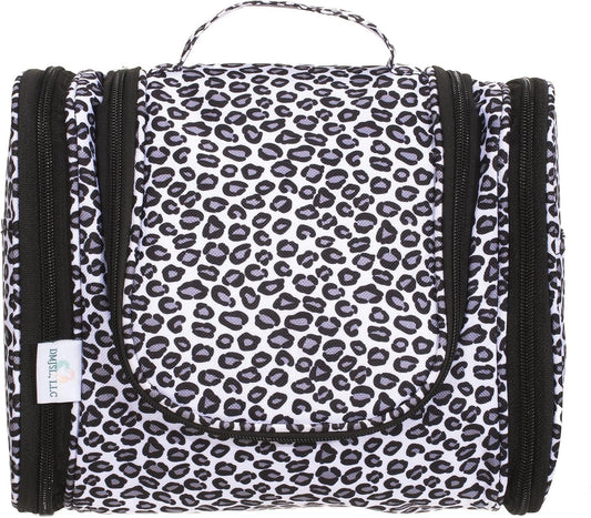 DMJSL Womens Hanging Toiletry Bag - Travel Makeup Organizer and Cosmetic Case, TSA Approved, Black Leopard Print