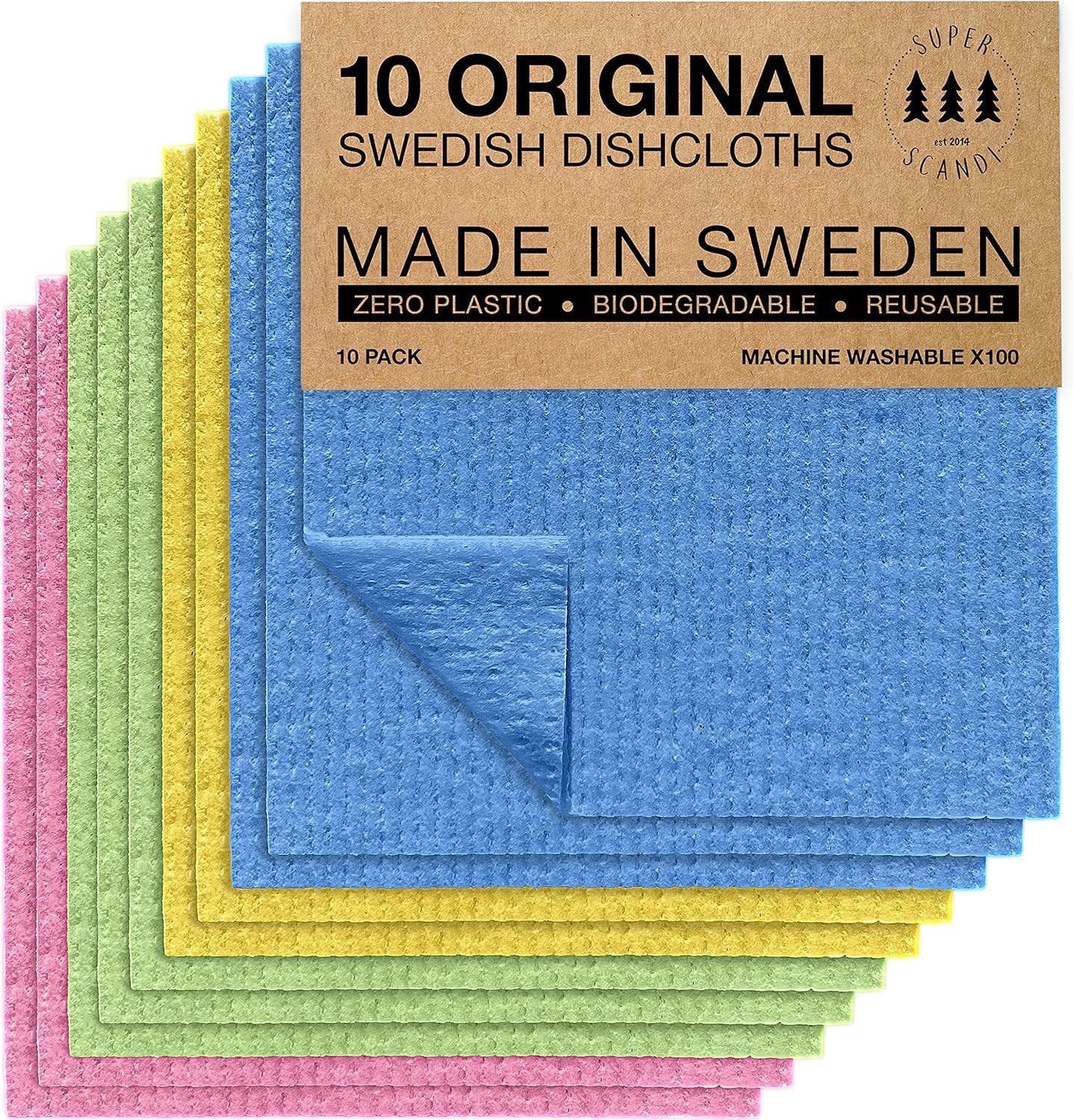 SUPERSCANDI 10 Pack Swedish Dishcloths for Kitchen - 100% Biodegradable & Compostable | Reusable Paper Towels Washable, Food-Safe & Without Plastic - Dish Rags for Any Surface | Pink, Green, Blue