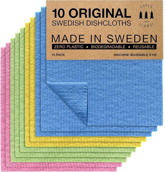 SUPERSCANDI 10 Pack Swedish Dishcloths for Kitchen - 100% Biodegradable & Compostable | Reusable Paper Towels Washable, Food-Safe & Without Plastic - Dish Rags for Any Surface | Pink, Green, Blue