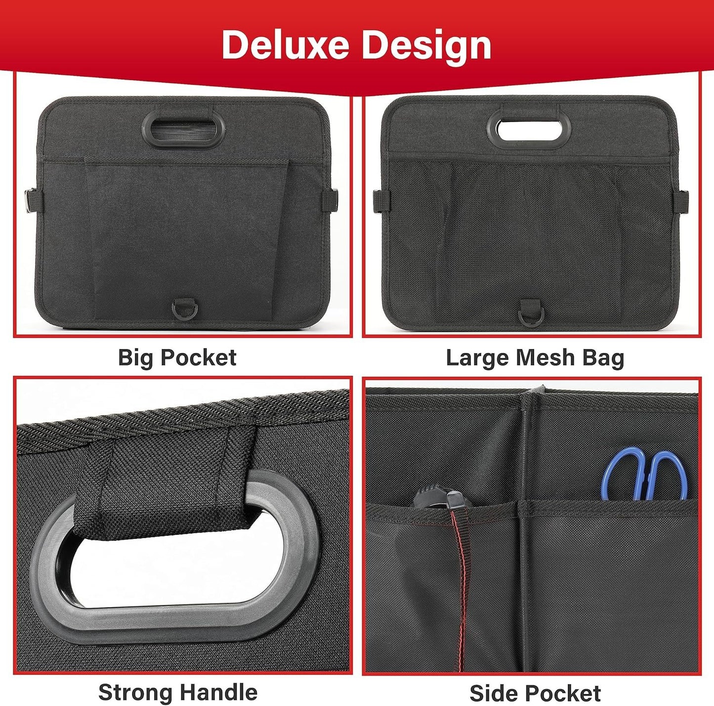 Simple Deluxe Car Trunk Organizer, Multi Compartments Collapsible Trunk Storage, Anti-slip, Waterproof 600D Oxford Polyester, with Adjustable Straps for SUV, Minivan, Truck, Large Size, Black