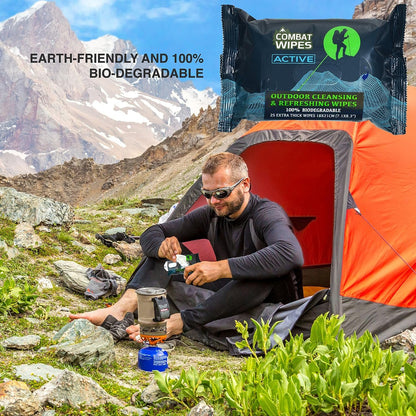 Combat Wipes ACTIVE Outdoor Wet Wipes - Extra Thick Camping Gear, Biodegradable, Body & Hand Cleansing/Refreshing Cloths for Backpacking & Gym w/Natural Aloe & Vitamin E(2 pack, 25 wipes each)