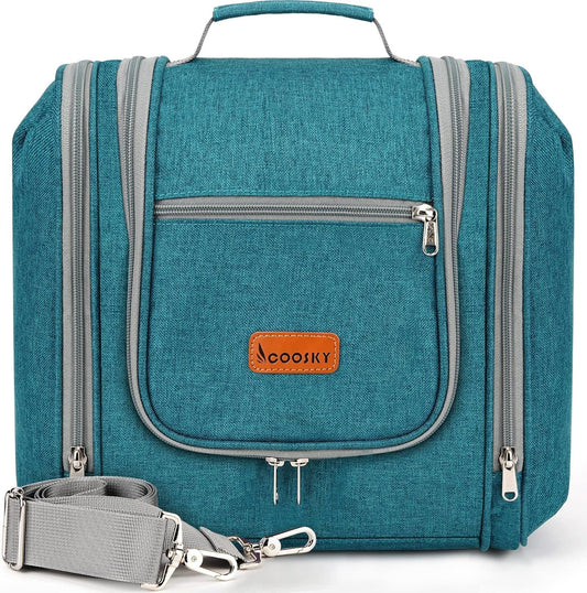COOSKY Extra Large Hanging Travel Toiletry Bag for Women and Men, Hygiene Bag, Bathroom and Shower Organizer Kit with Elastic Band Holders for Toiletries, Cosmetics, Makeup, Brushes, Blue, Extra Large