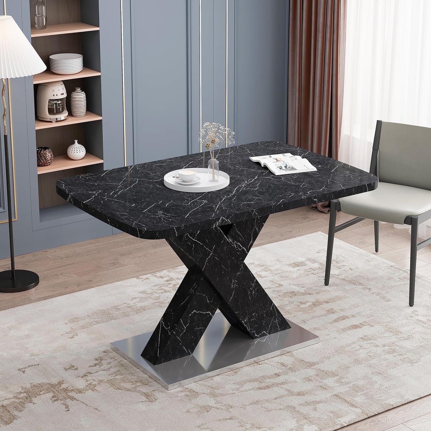 Modern Style Square Stretch Dining Table, Kitchen Table with Marble Table Top, MDF X-Shape Legs and Metal Base (Black)