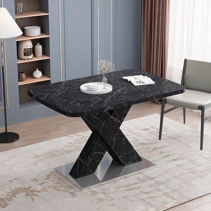 Modern Style Square Stretch Dining Table, Kitchen Table with Marble Table Top, MDF X-Shape Legs and Metal Base (Black)