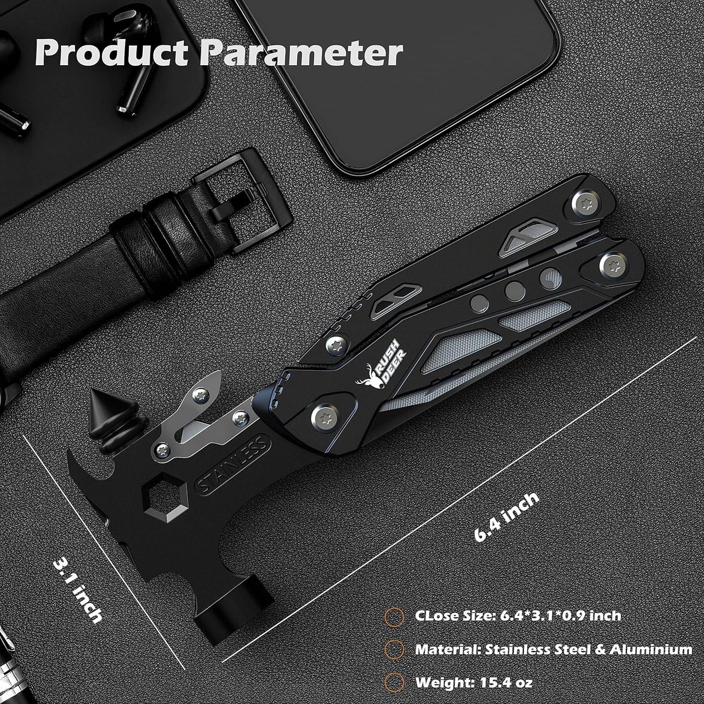 RUSH DEER 16-in-1 Multitool, Gifts for Dad, Hammer Multi Tool, Utility Knife Multitools for Men, Survival Gear and Supplies, Christmas Gift for Boy Husbands