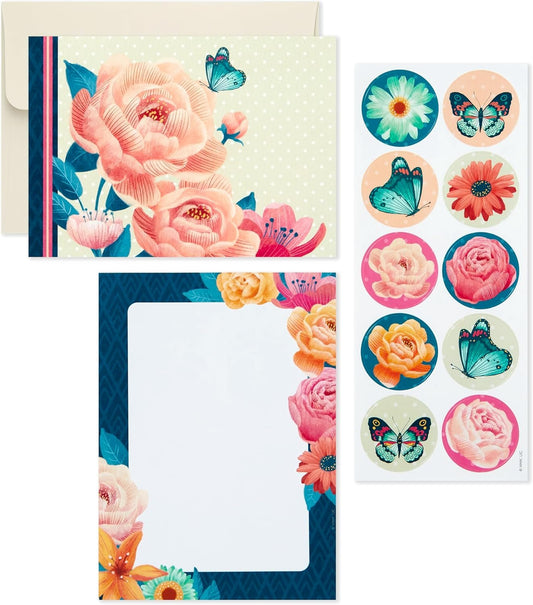 Hallmark Stationery Set with Desk Organizer, Floral (10 Blank Cards with Envelopes, 20 Writing Sheets with Envelopes, 75-Sheet Notepad, 30 Seals)