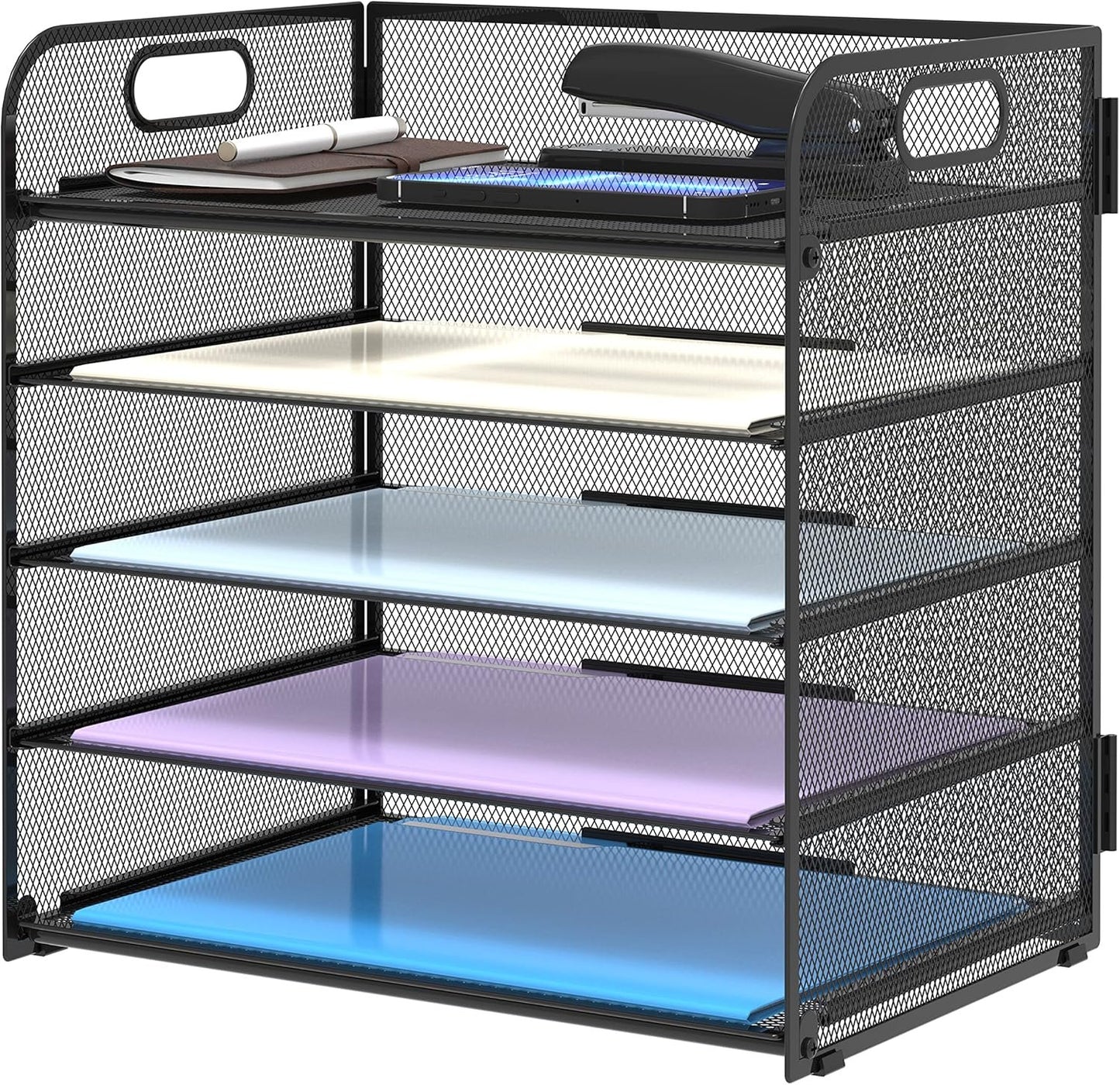 Supeasy 5 Trays Paper Organizer Letter Tray with Handle-Mesh Desk File Organizer,Black Paper Sorter Desk Organizer for Office,Home or School