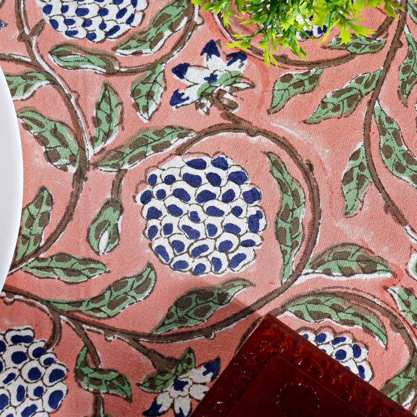 Ridhi 100% Cotton Tablecloth for Kitchen Dining Tabletop Decoration Picnic Events Parties Weddings Block Print Round Tablecloths (Dark Salmon Pink, 4 Seater 60 INCH Round)