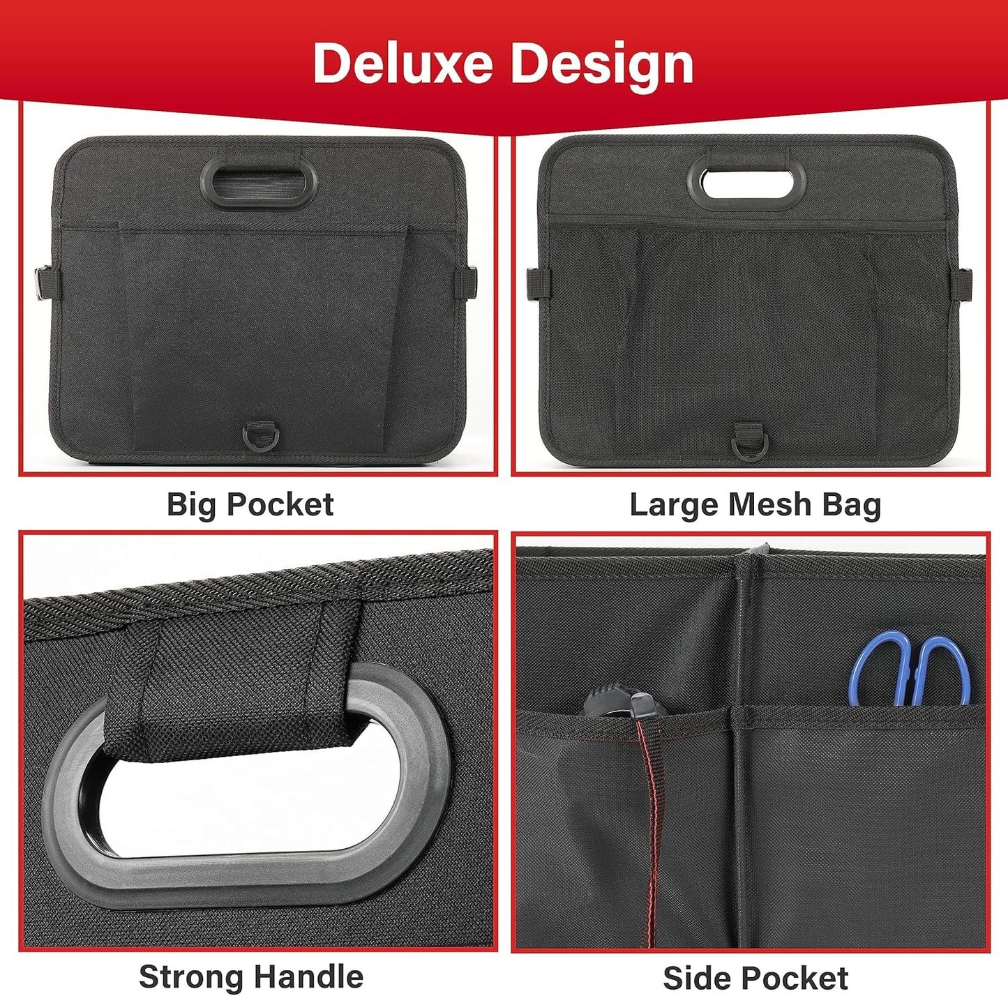 Simple Deluxe Car Trunk Organizer, Multi Compartments Collapsible Trunk Storage, Anti-slip, Waterproof 600D Oxford Polyester, with Adjustable Straps for SUV, Minivan, Truck, Large Size, Black New